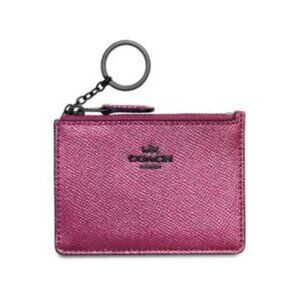 Coach Metallic Magenta Leather ID Card Case Keychain Zipper
